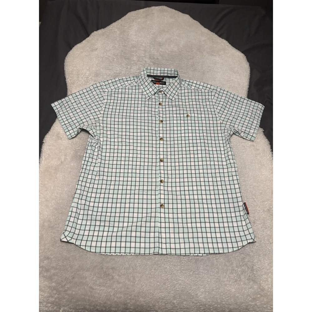 Grundens Men's Short Sleeve Button Down Shirt Size Large Blue White Plaid